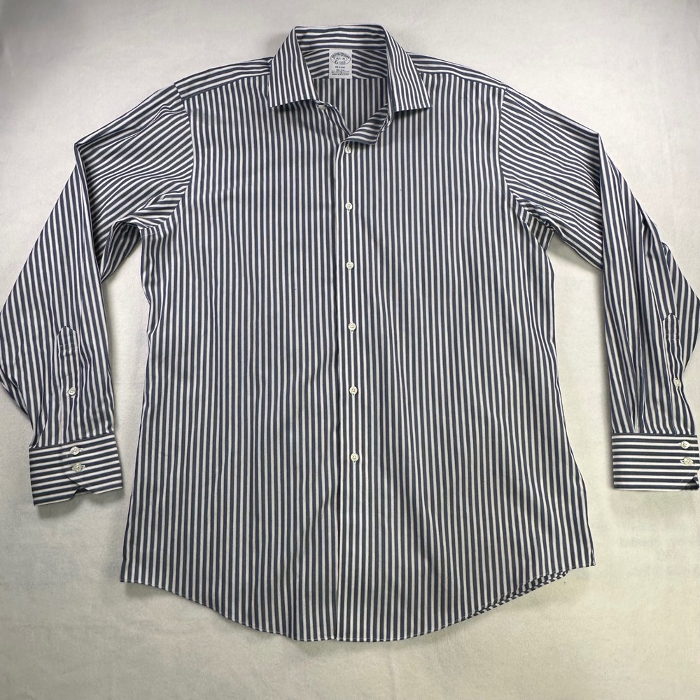 Brooks Brothers Regent Non-Iron Striped Dress Shirt Blue White 16.5 35 Mens